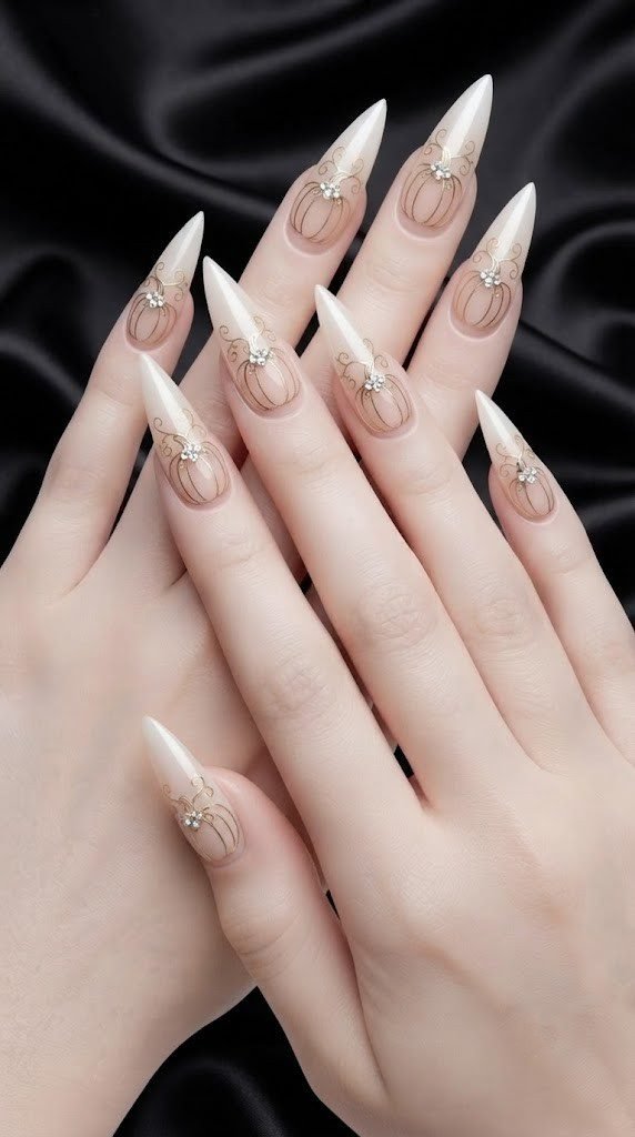 Nude glass almond nail design with a fine gold pumpkin engraving