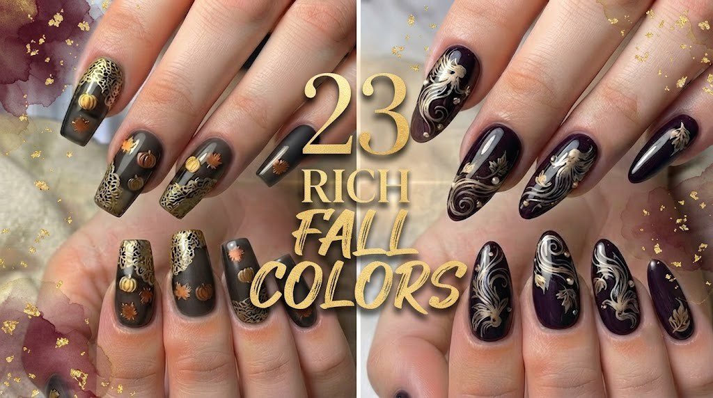 Charcoal gold lace pumpkin nails and deep purple swirl art featured in this November nail colors set