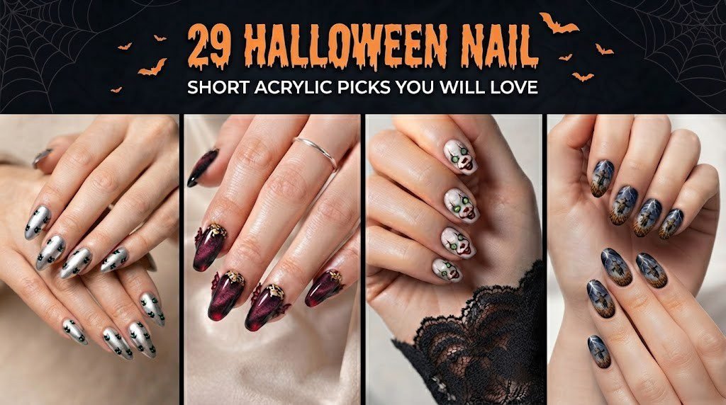 Acrylic Halloween nails banner featuring four short Halloween nail designs