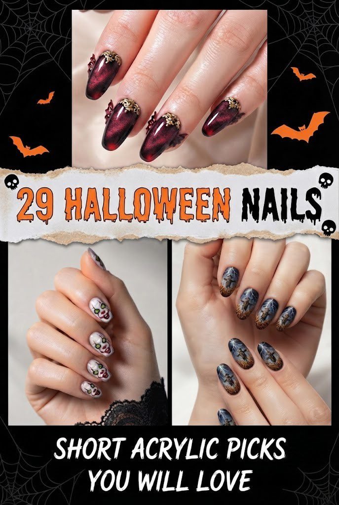 Acrylic Halloween nails collage with gothic velvet and scarecrow designs