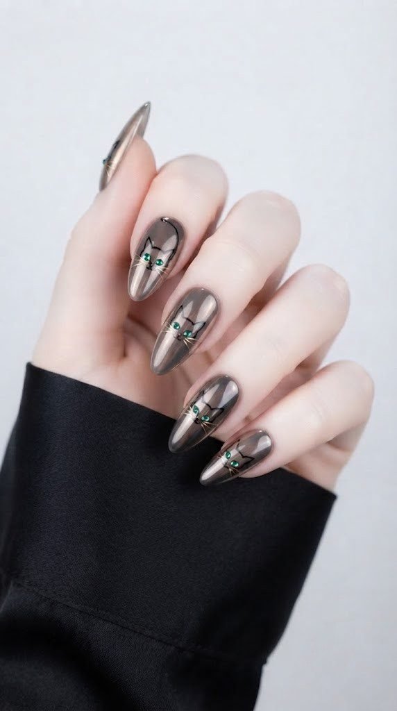 Smoky topaz almond cute Halloween nails with a chrome cat and emerald eyes