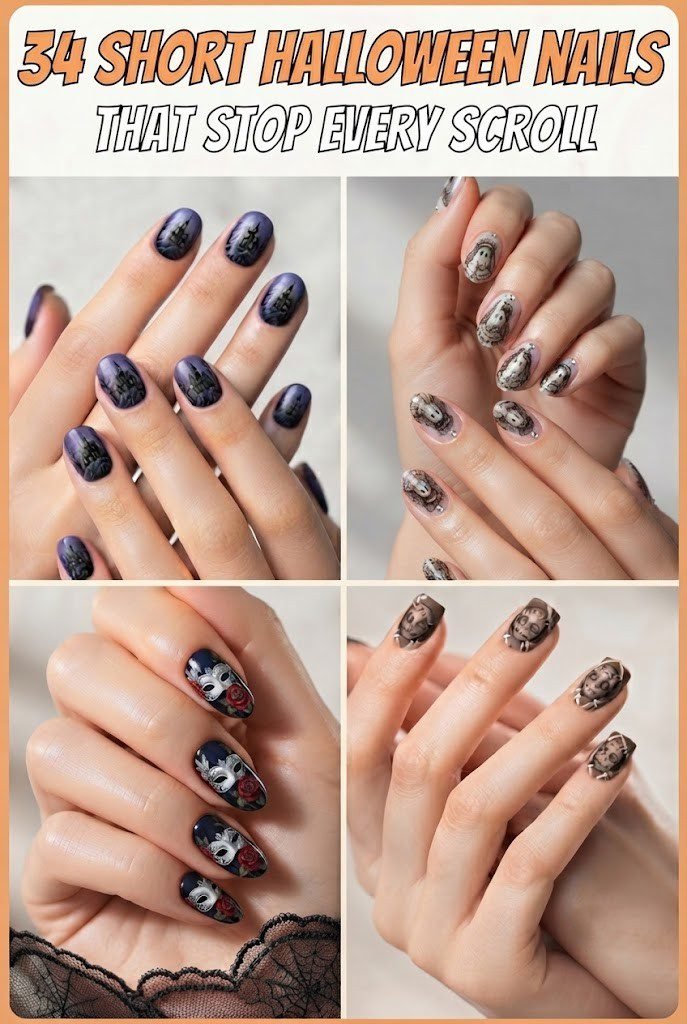 Short Halloween nail designs collage with gothic mansion, masquerade mask, and lace nail art