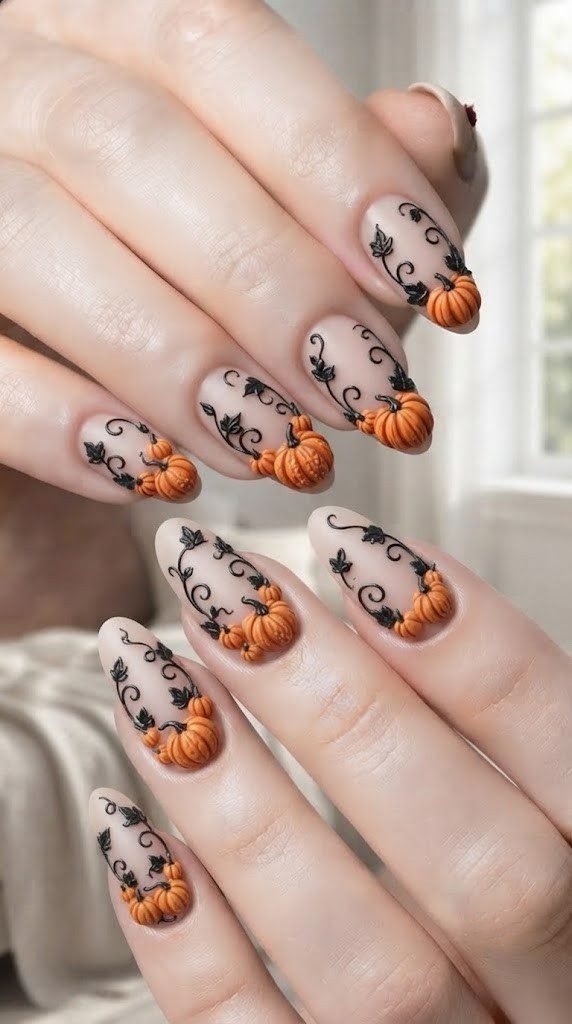 3D Halloween nail art with sculpted pumpkins and raised gel vines