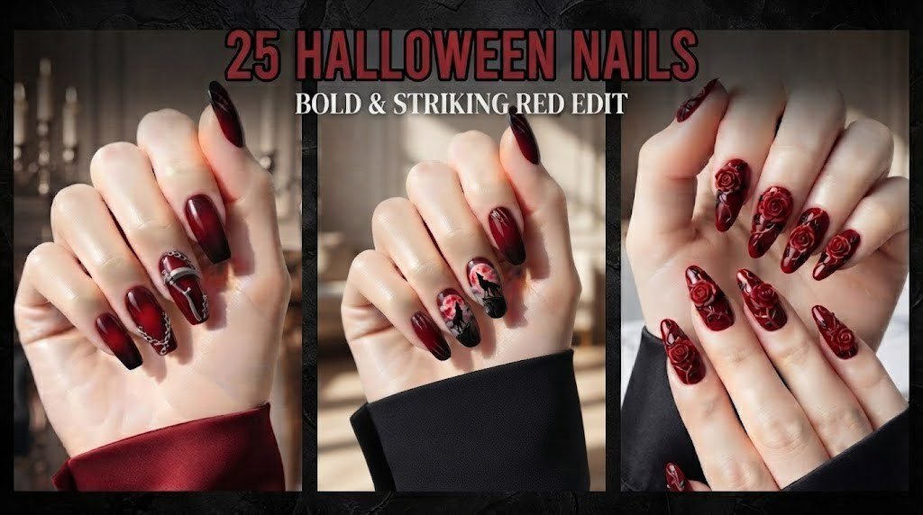 Collage of red Halloween nail ideas featuring gothic charms, werewolf art, and rose vine nail designs