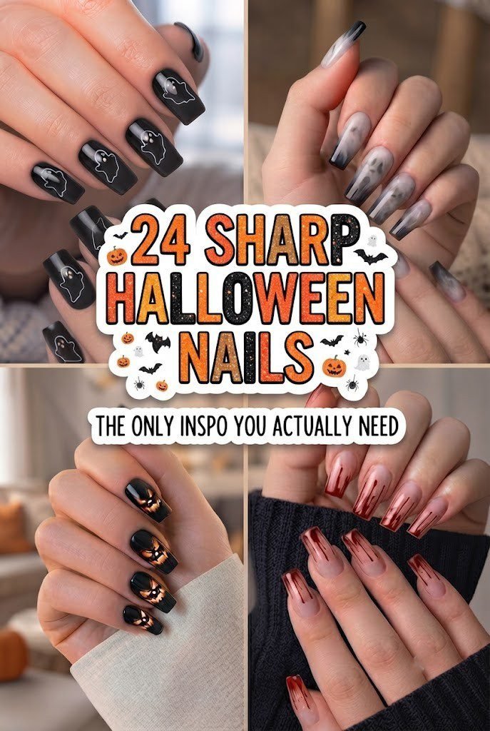 24 sharp Halloween square nails collage with ghost, smoky, and pumpkin looks