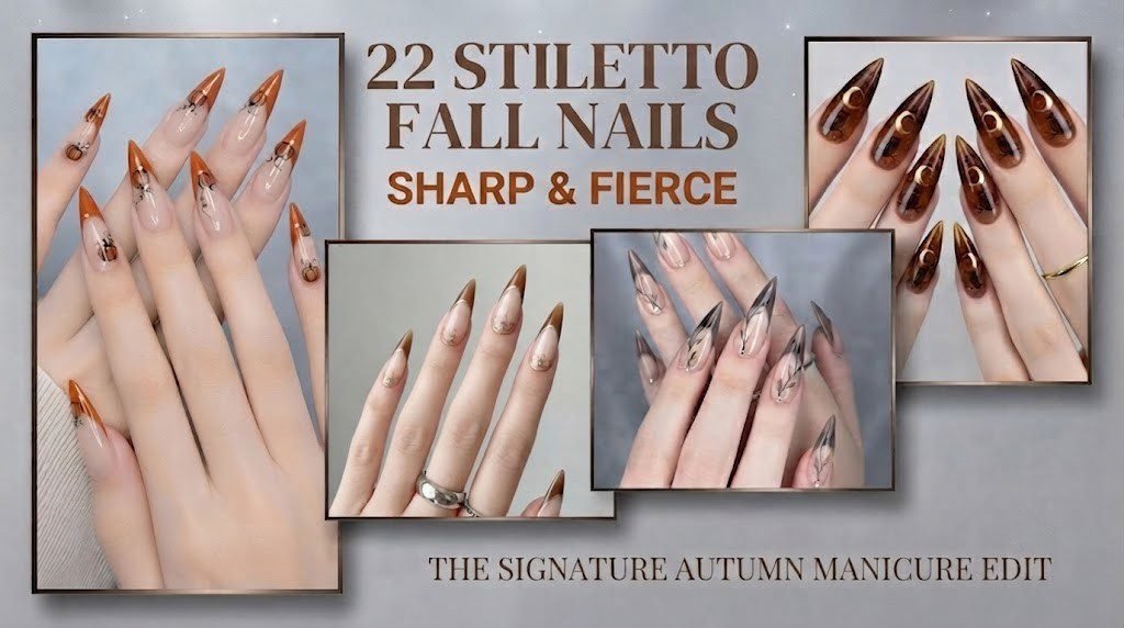 22 fall stiletto nails collage featuring copper and gray chrome manicure designs