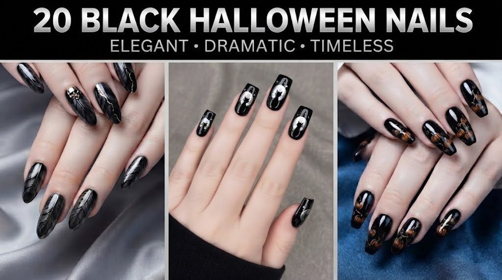 20 black Halloween nails collage with raven feather, cat, and pumpkin art