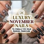 Short fall acrylic nails in smoky grey, gothic nude, gold, and black feather designs