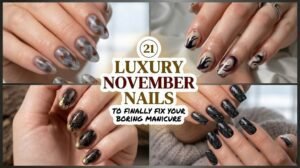 Short fall acrylic nails in smoky grey, gothic nude, gold, and black feather designs