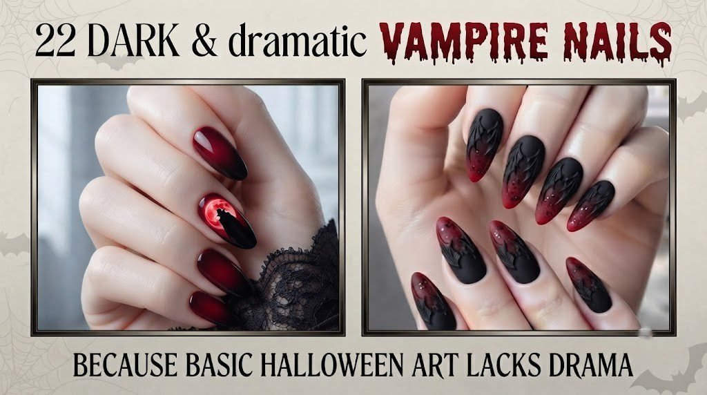 vampire nails featuring a crimson moon silhouette beside bat wing detai
