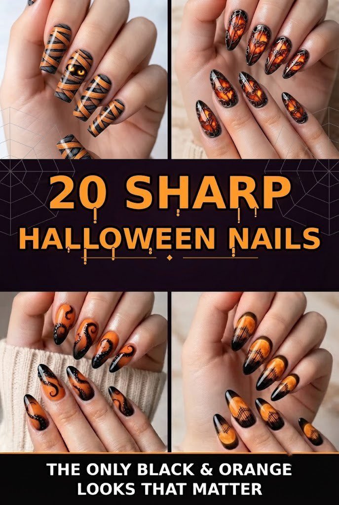 Black and orange halloween nails collection featuring coffin, almond and square tip looks