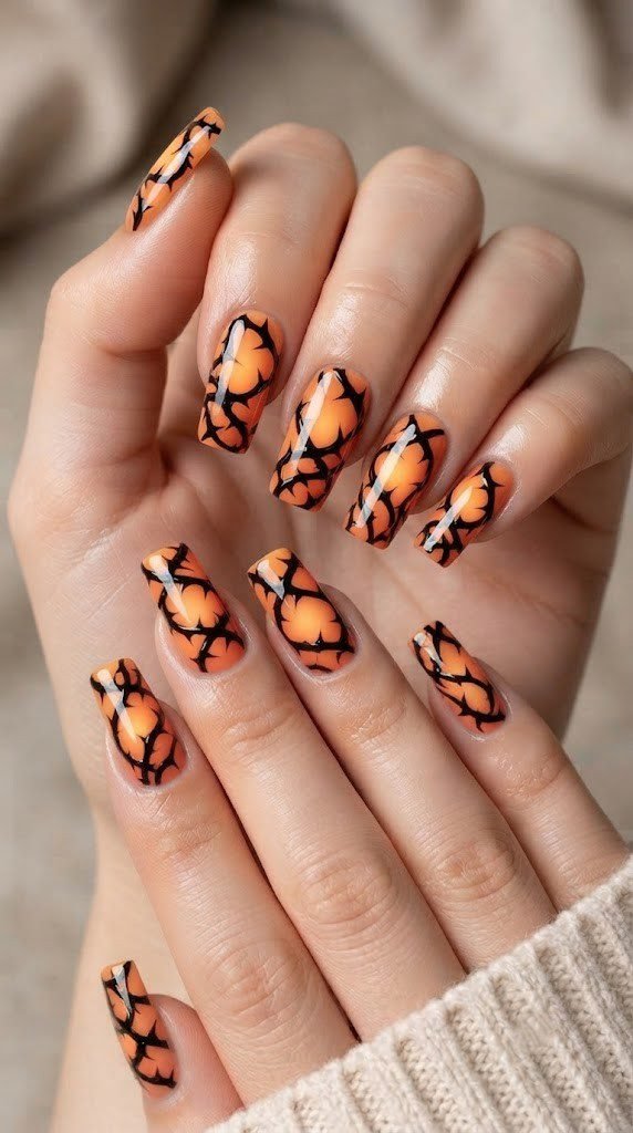 Thorny briar wrap black and orange nail designs on square tip nails