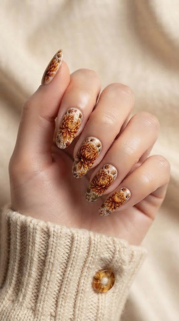 Oval nails with layered amber and rust chrysanthemum blooms, a bold fall pick