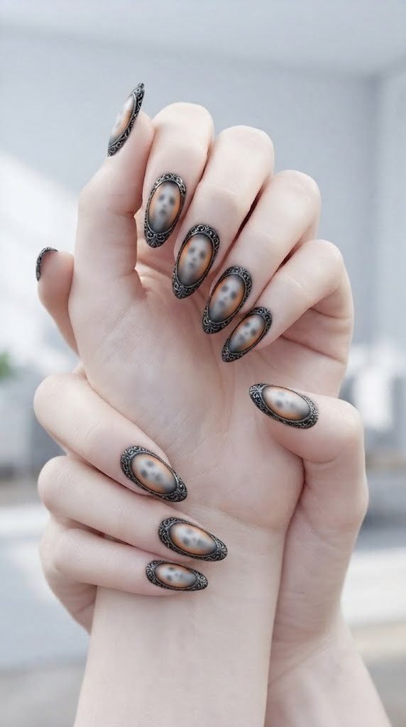 Gothic Halloween nails with a filigree frame and hazy ghost reflection