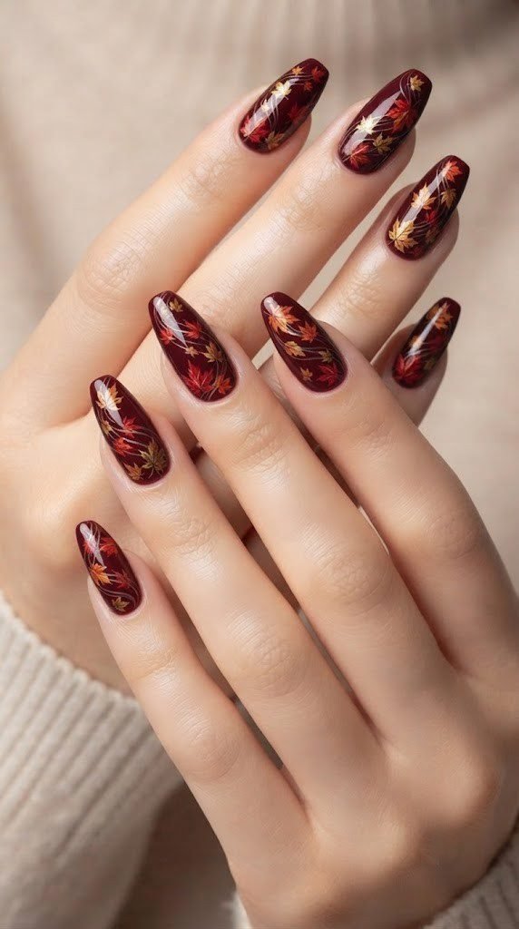 Coffin nails with a swirl of red, orange, and gold falling leaves