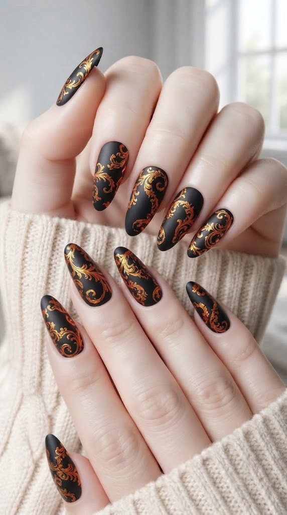 Gothic Halloween nails with orange-gold foil scrollwork on a black base
