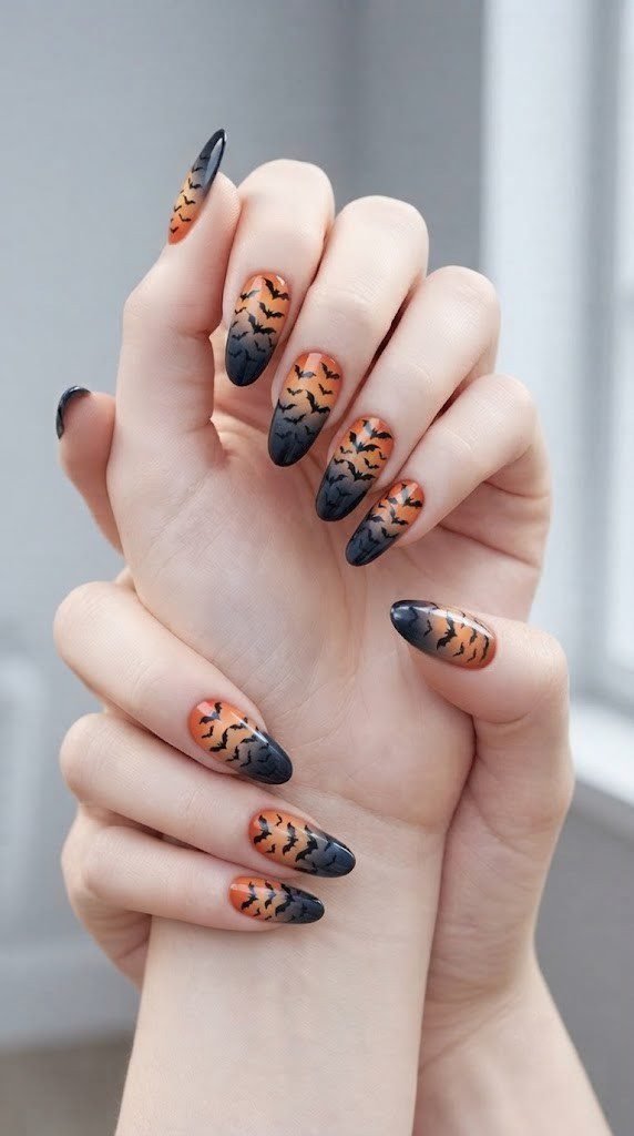 Bat nails Halloween with a swarm of bats against a sunset gradient