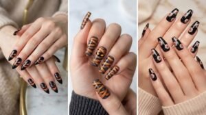 Black and orange halloween nails design roundup with 20 spooky October nail art ideas