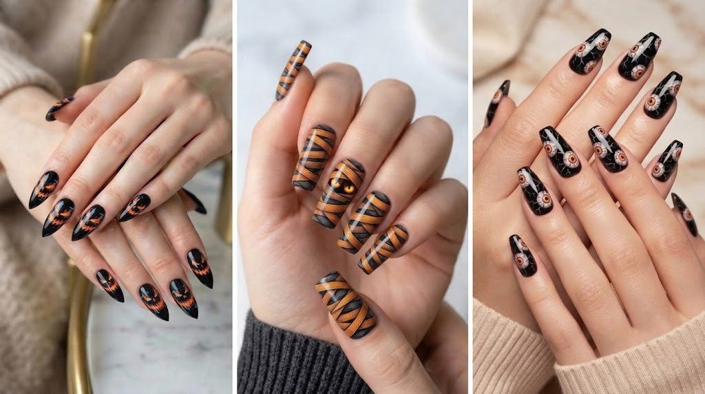 Black and orange halloween nails design roundup with 20 spooky October nail art ideas