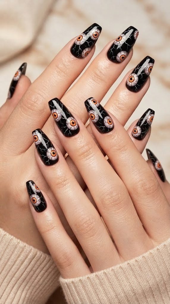 Black and orange halloween nails with a comic-style eyeball on coffin tips