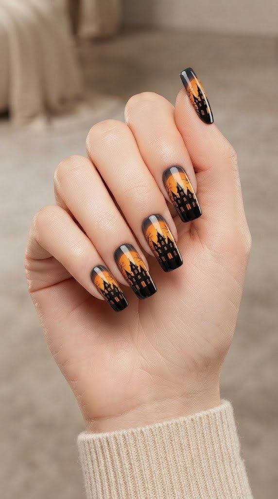 Black and orange halloween nails with a haunted mansion silhouette on square tips