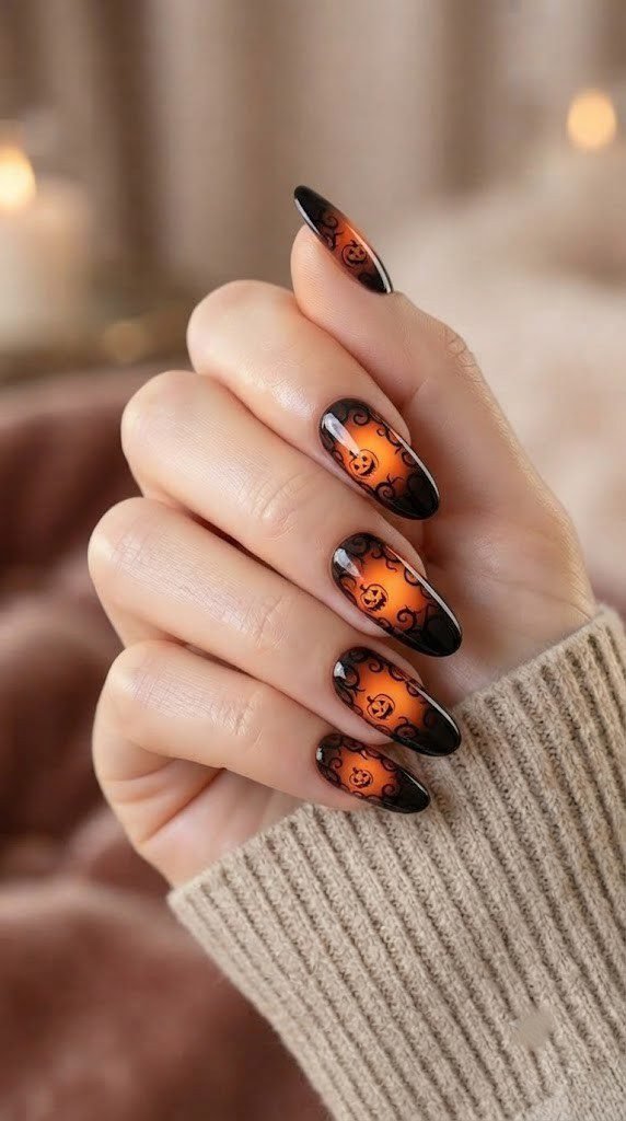 Black and orange halloween nails with a carved pumpkin vine patch design