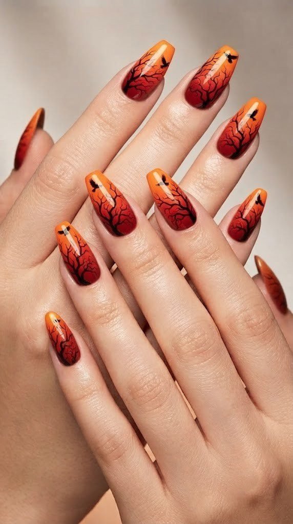 Black and orange halloween nails with spooky branch and raven coffin art