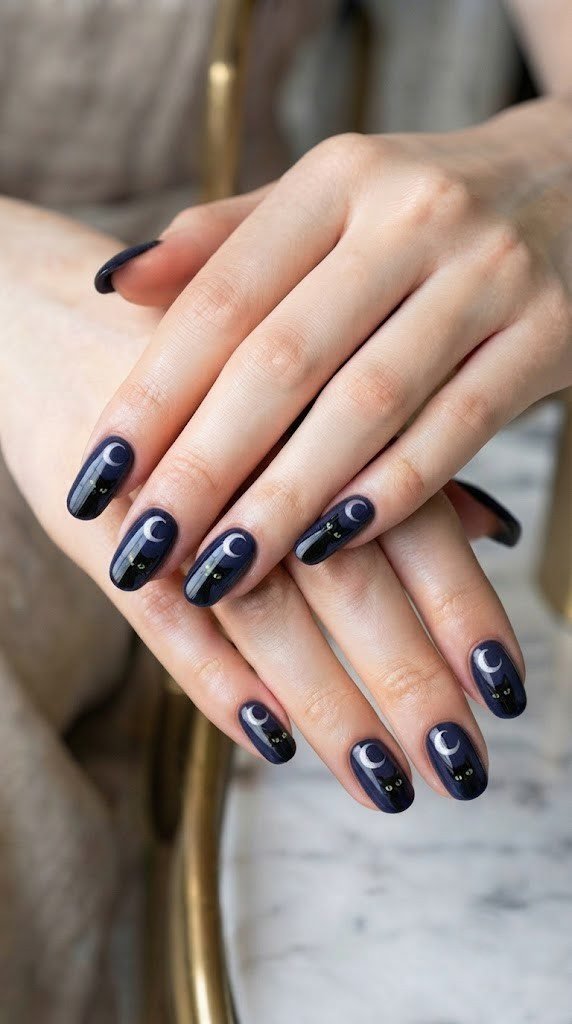 Midnight indigo Halloween nail design with a black cat silhouette