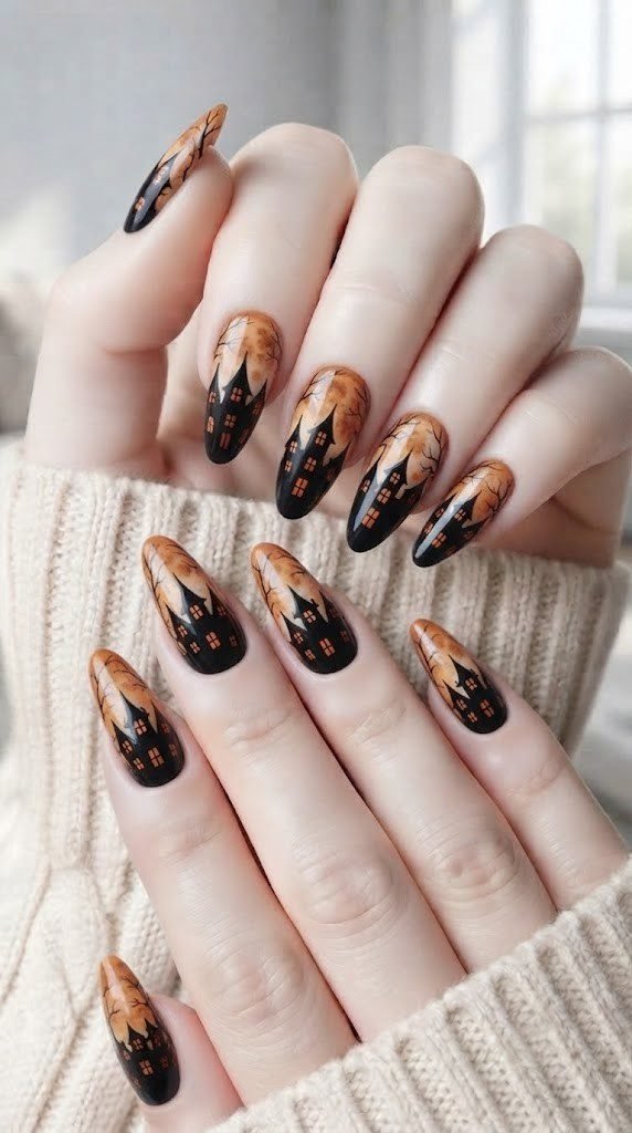 Black cat nails Halloween with a stretching cat silhouette and crescent moon accent