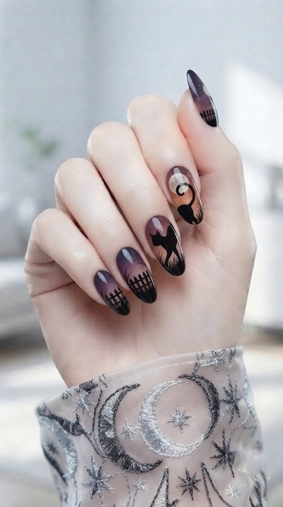 Almond Halloween nail design with black cat silhouette and rust-plum sky