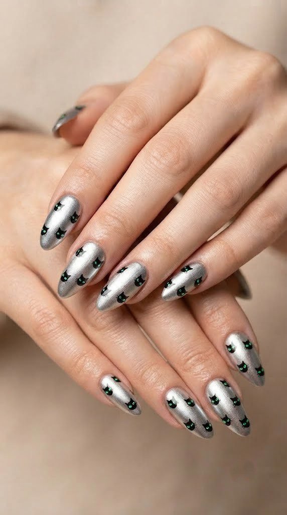 Metallic silver coffin nails with black cat silhouettes and green eyes