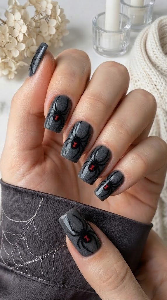 Charcoal webbed nails featuring a black widow spider hourglass mark