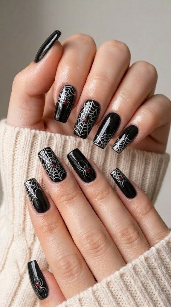 Creepy halloween nails with a realistic black widow web design
