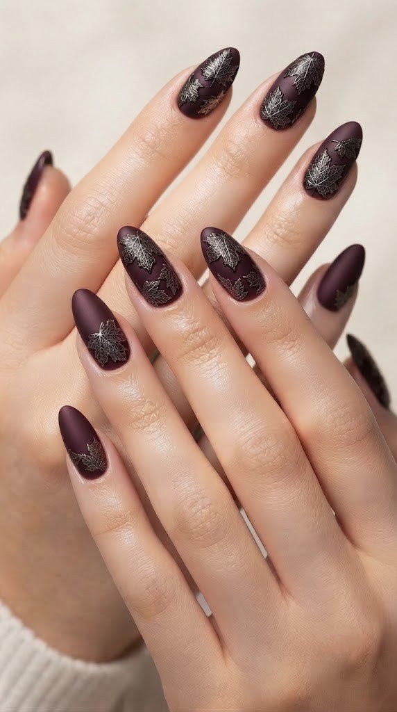 Blackened bronze autumn nail design with sculptural 3D leaf