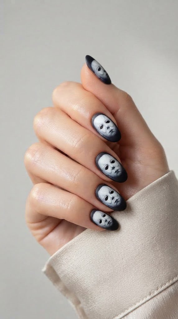 White expressionless horror mask fading into midnight shadow on nails
