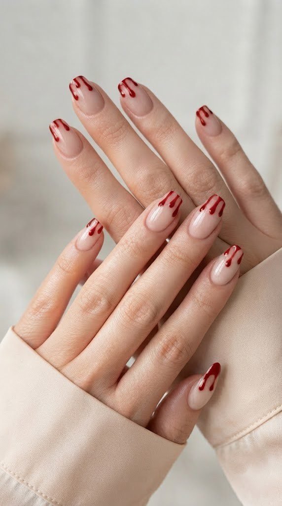 Nude stiletto short Halloween nails dripping in glossy red blood