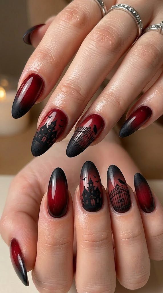 Blood red to black ombre nails with haunted mansion silhouettes and raven details