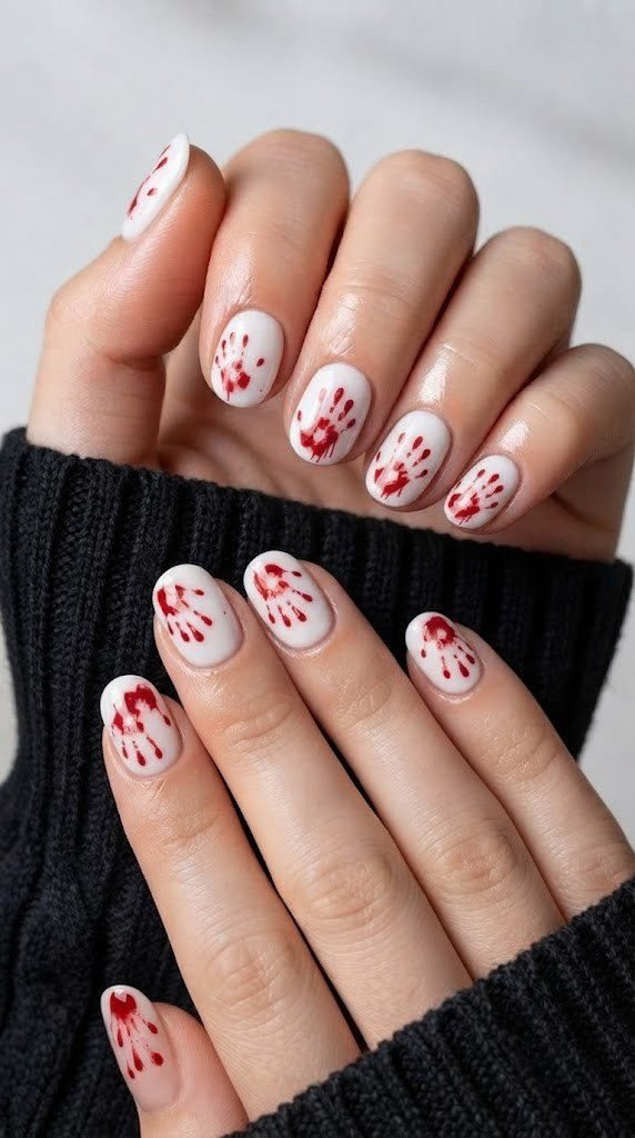 White base Halloween nail designs stamped with tiny glossy red bloody handprints