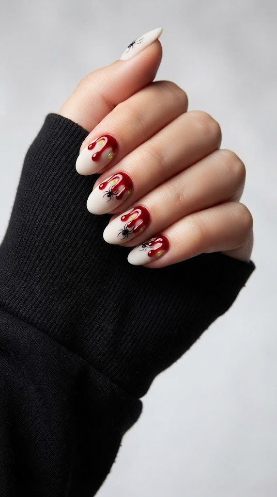 Bone white short almond nails with crimson blood drip and spider detail