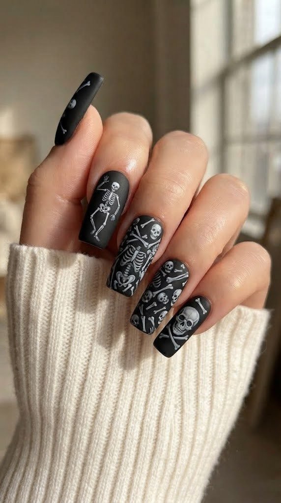 Bold halloween nail designs with matte black skeleton bone art