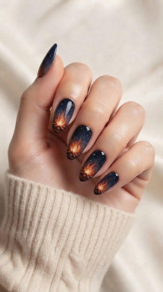 Almond nails with a glowing bonfire scene under a starry night sky