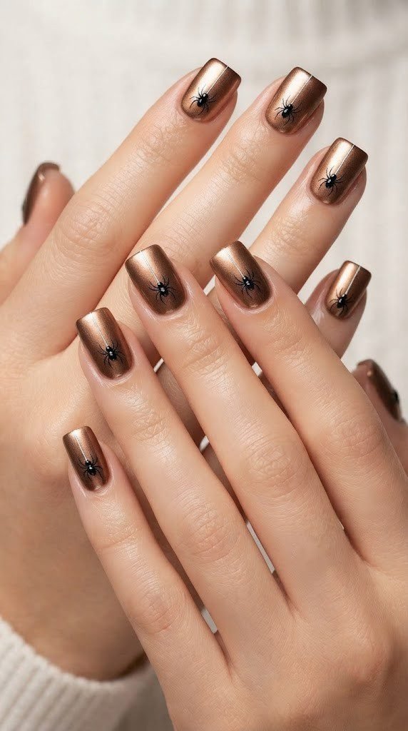 Metallic bronze short Halloween nails with a dangling black spider on silver thread