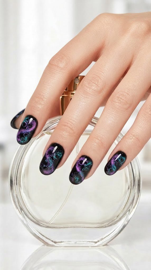 Inky black rounded nails with purple teal brew bubble Halloween art