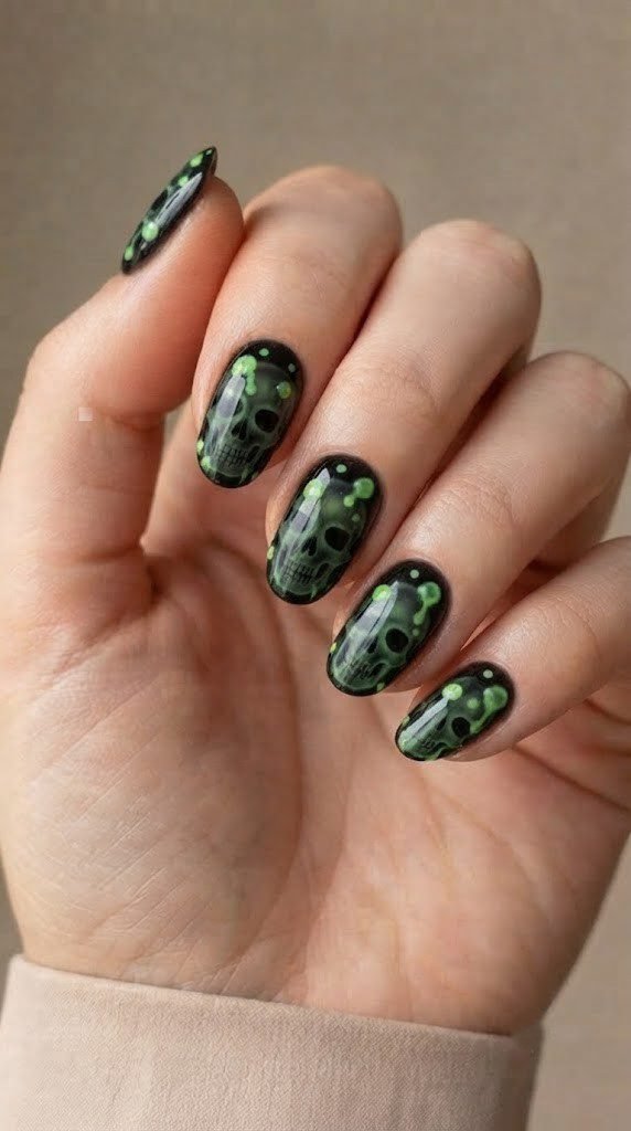 Cauldron-black jelly nails with a bubbling neon green potion design