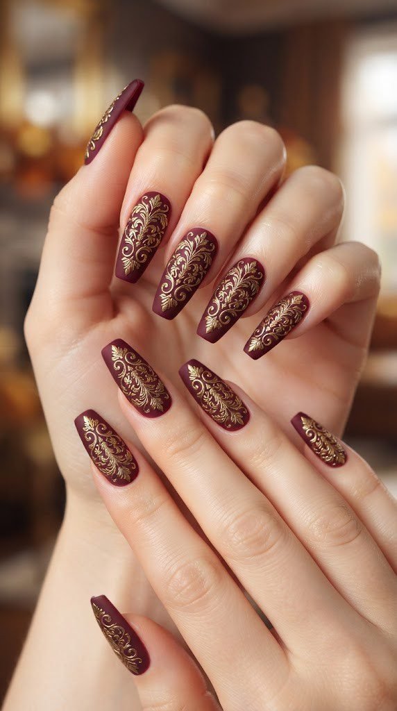 Burgundy gold filigree autumn nail designs with damask pattern