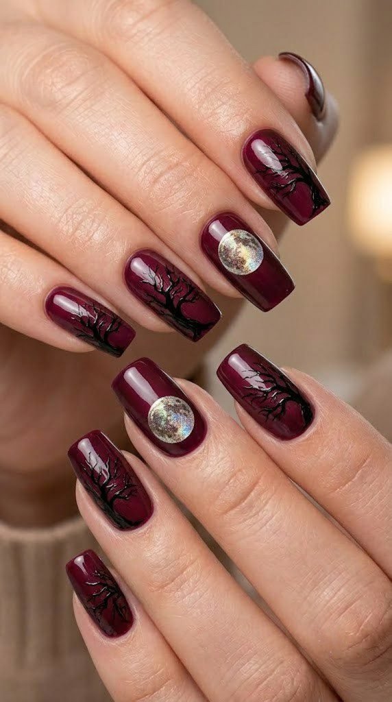 Burgundy wine nail design with black silhouette trees and a shimmering harvest moon