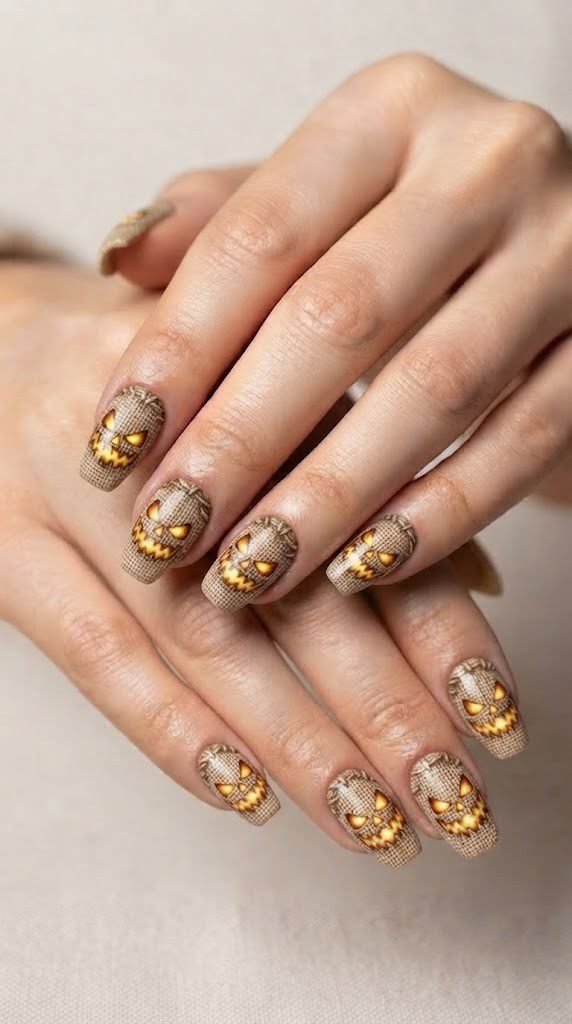 Stitched burlap sack face with glowing eyes on short coffin Halloween nails