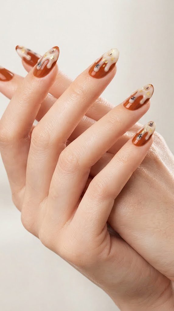 Burnt orange nails with melting candle wax drip, a ritualistic October nails look