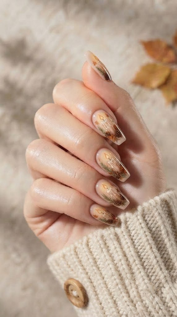 Coffin nails with a flickering candle and dried herbs, cozy harvest nail design