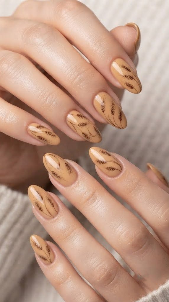 Caramel wheat stalk nail design in sepia tone